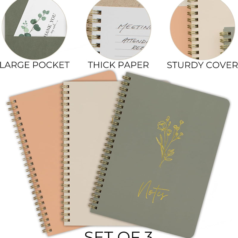 ZICOTO Aesthetic Spiral Notebook Set of 3 For Women - Cute College Ruled 8x6 Journal/Notebook with Large Pockets And Lined Pages - Perfect Supplies to Stay Organized at Work or School