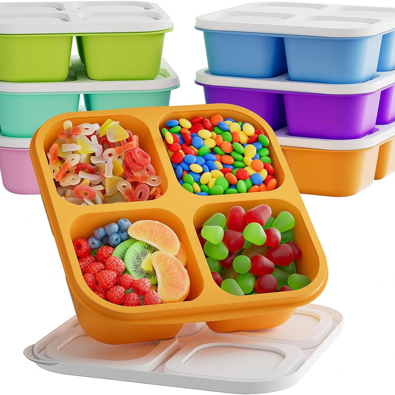 KEMETHY 6 Pcs Bento Snack Containers, Reusable 4 Compartment Food Storage Container with Lids, Divided Lunchable Container, Freezer, Microwave & Dishwasher Safe (6 Color)