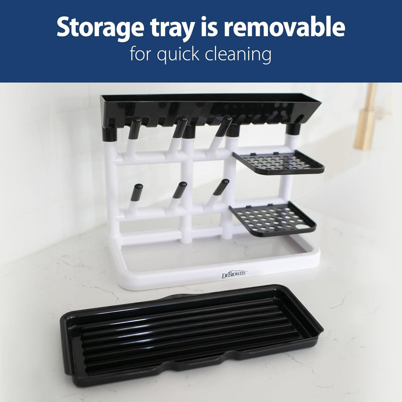 Dr. Brown's Drying Tower, Stand-Up Drying Rack, Countertop Baby Bottle Drying with Organized Storage for Baby Essentials, Space Saving Vertical Rack, Black/White