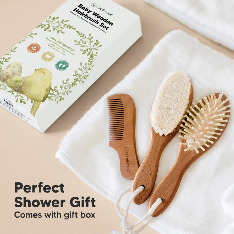 Wooden Baby Hair Brush Set for Newborns, Toddler Comb (Dark Walnut, Regular) | Soft Goat Bristle, Baby Brush and Comb Set, Infant Grooming Kit, Cradle Cap Care, Durable & Gentle, Boy, Girl Bath Essential