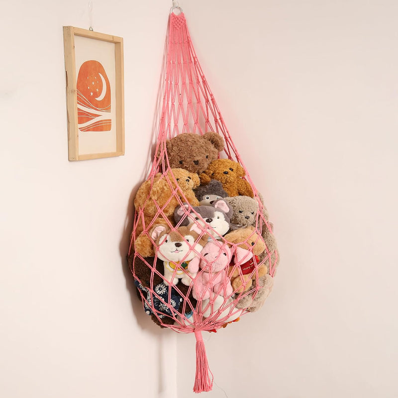 Amdermi Stuffed Animal Hammock Corner, Boho Macrame Plush Toy Storage Net for Wall, Hanging Stuffed Animal Holder for Nursery, Playroom, Kids Room, Cream