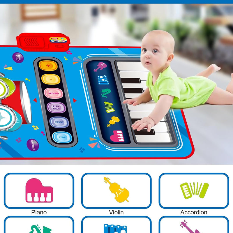 DQMOON Toys for 1 Year Old Boy Gifts, Baby Musical Mat with Piano & Drum, Adjustable Volume, 12-18 Months Toddler Toys, Christmas Birthday Easter Gifts for 1-2 Year Olds Boys Girls (Blue)