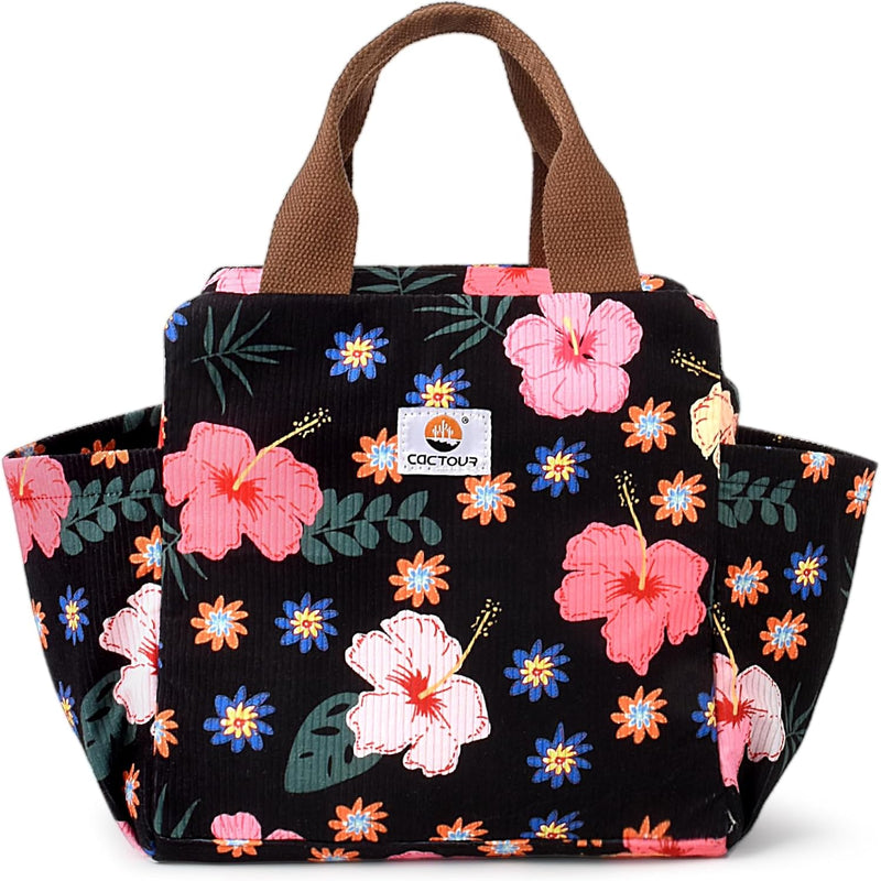 CaCTOUR Lunch Box for Women Girls Teens,Cute Lunch Box Cooler Bag, Portable Insulated Small Lunch Bag Women Reusable Corduroy Lunch Tote for Work/Travel/Picnic/School (Flower)