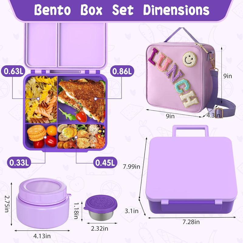 Aimsnk Lunch Box Kids, Bento Lunch Box for Kids with Thermo 8oz Food Jar, Leak Proof Hot Lunch Containers with 4 Compartment, Bento Box for Kid Toddler Insulated Lunch Bags for School (Purple)