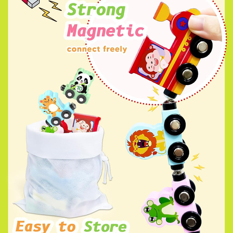 wooden 11 pc magnetic train set for 1-3 years old toddlers, montessori toys, educational sensory gifts, non-toxic wood