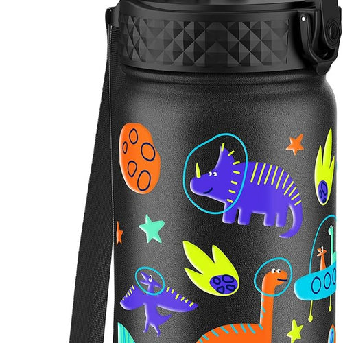 GOPPUS Kids Water Bottle (Straw Lid) - 14 Oz Stainless Steel Travel Bottle, Double Wall Vacuum Leak Proof Kids Cup for School Boys Girls,Space dinosaur