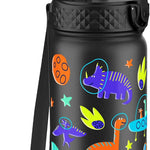 GOPPUS Kids Water Bottle (Straw Lid) - 14 Oz Stainless Steel Travel Bottle, Double Wall Vacuum Leak Proof Kids Cup for School Boys Girls,Space dinosaur
