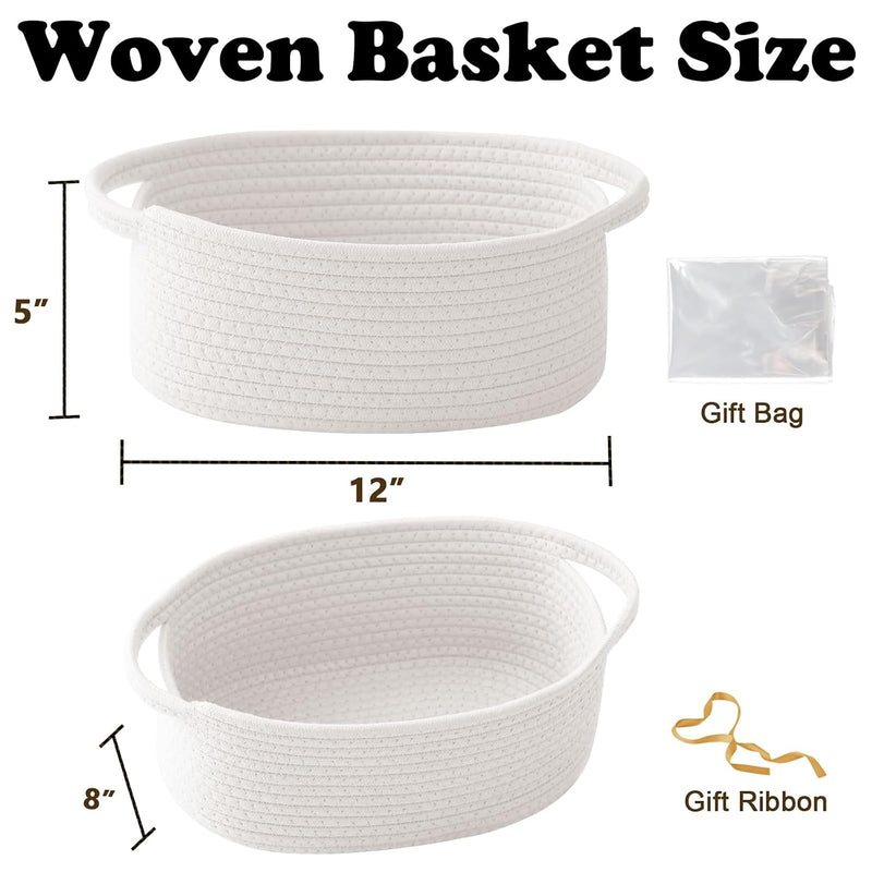 White Woven Rope Basket,Baby Gift Basket with Bag & Ribbon | Cotton rope with handle, 12x8x5 in, gift bag and ribbon, for baby shower, birthday, toy storage, nursery, shelf decor