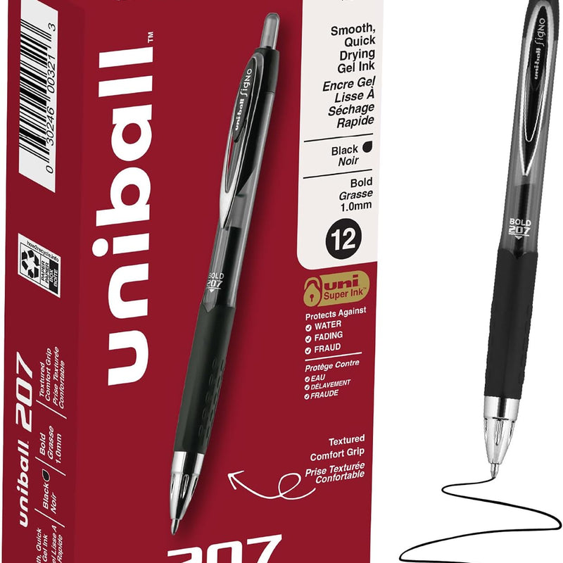 uniball™ 207 Gel Pens, Black Ink, 1.0mm Bold Point, Retractable, 12 Count, Smooth Writing, Fraud-Resistant, uni Super Ink™