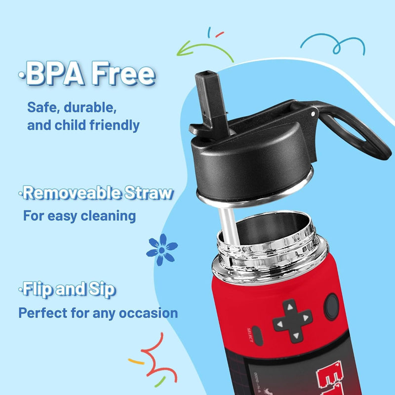 Personalized Game Water Bottle for Boys, 18oz | Customized Kids Insulated Bottle with Name for Kids for School, Stainless Steel Thermo with Straw