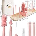 Pink Travel Baby Bottle Cleaner Kit – 6-in-1 Portable Brush Set with Drying Rack & Storage Case | Baby Travel Essentials for Flying, Newborn Bottle Cleaning & Breast Pump Parts On-The-Go