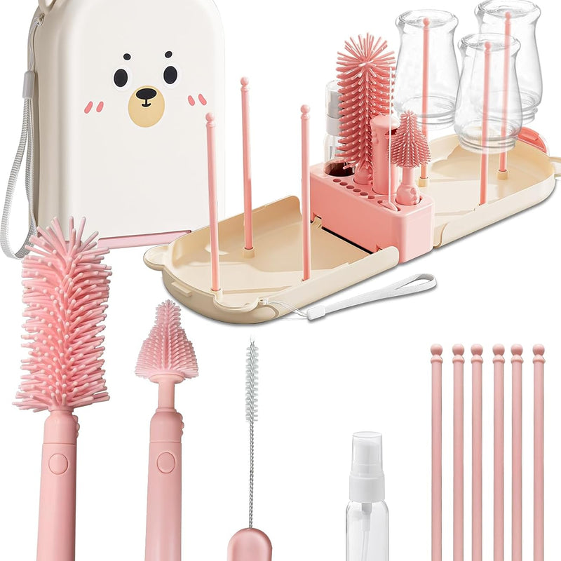 Pink Travel Baby Bottle Cleaner Kit – 6-in-1 Portable Brush Set with Drying Rack & Storage Case | Baby Travel Essentials for Flying, Newborn Bottle Cleaning & Breast Pump Parts On-The-Go