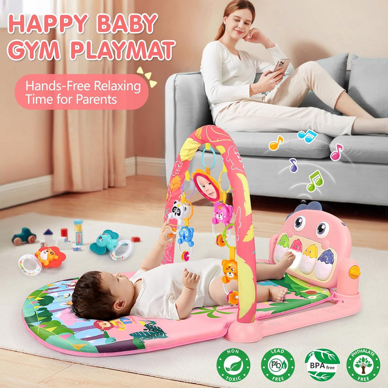 UMIKU Baby Play Mat Tummy Time Mat Gym Girl Activity Center, Pink Dinosaur | Play Mat For Babies Gifts Girl 0-6 6-12 Month, Music & Light Piano Play Gym Newborn Infant Gift, Baby Girl Newborn Essentials