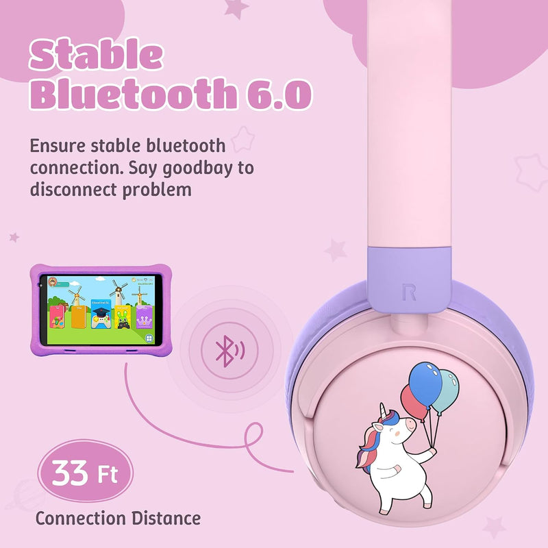 Kids Headphones Bluetooth for Girls, Toddler Headphones Wireless for School | 85/95dB Volume Limited, 50H Playtime, Bluetooth 6.0, Built in Mic, Fast Charging for Tablet, iPad, Cellphone