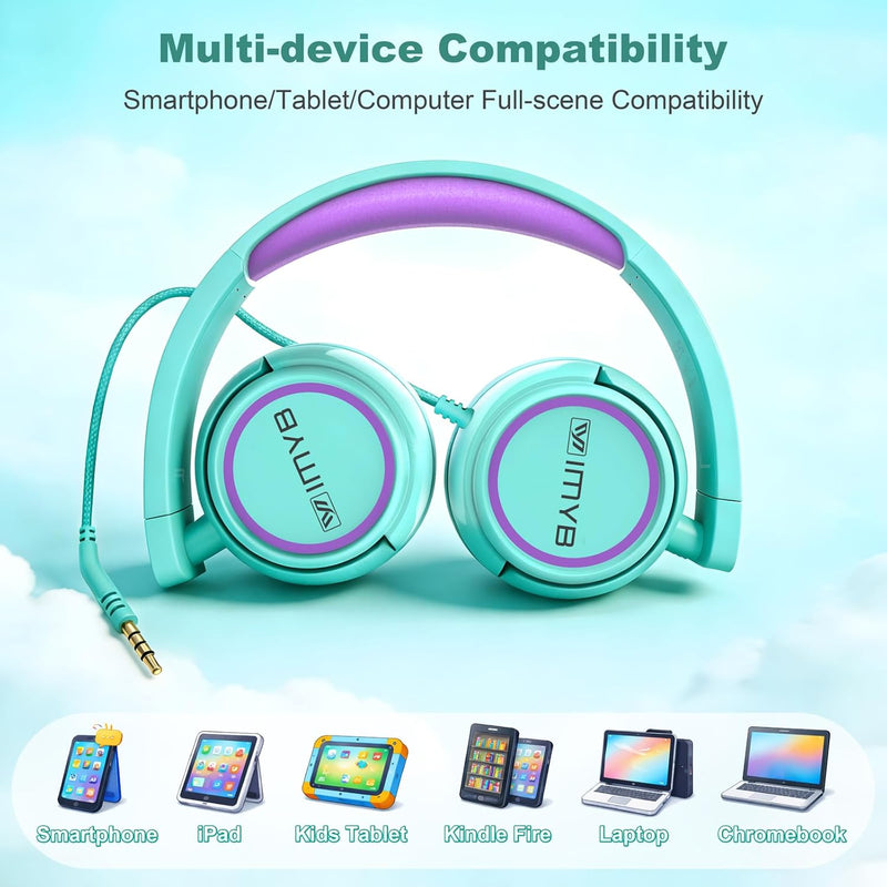 IMYB V1 Kids Headphones with 85dB Safe Volume, Adjustable Fit for Ages 2-12, Ideal for School & Travel