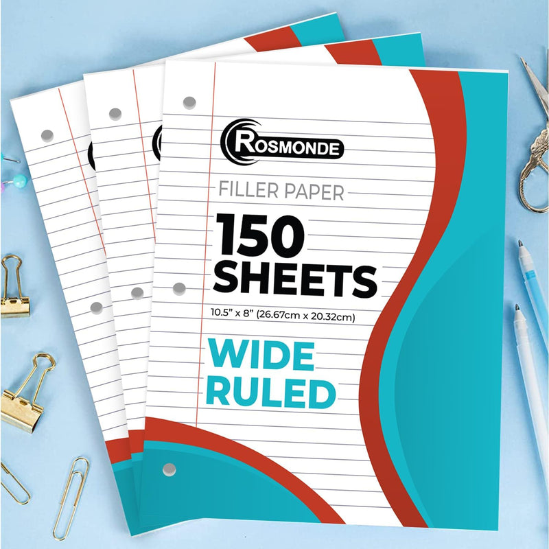 Rosmonde Loose Leaf Paper, 900 Sheets, 6 Pack, Wide Ruled, 8" x 10.5", Bulk Office Filler Sheets, 3 Hole Punched, 150 Sheets/Pack, Wide Ruled for 3 Ring Binder, Filler Notebook Paper, White