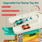 TOP Bright Toddler Wooden Race Track Car Ramp Toys with 4 Mini Cars and 1 Car Garage