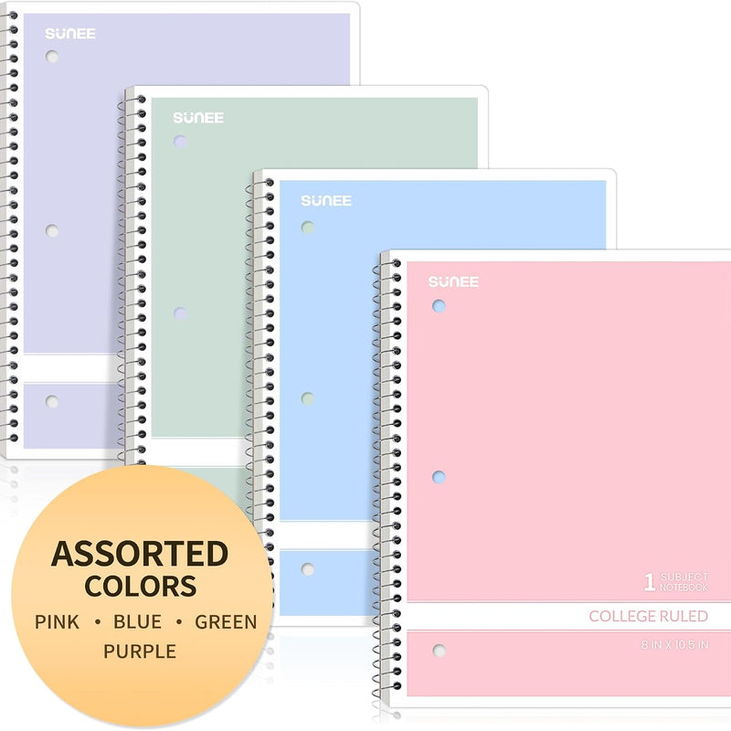 SUNEE Spiral Notebooks College Ruled, 1-Subject, 4 Pack, 8 x 10-1/2 in, 70 Sheets, 3-Hole Punched 70gsm Paper, Pastel Pink, Purple, Blue, Green for School, Home & Office, Writing Journal