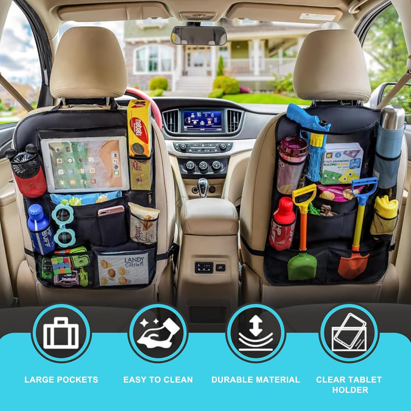 Matenf Backseat Car Organizer with 9 Storage Pockets | 10" Tablet Holder, Keep Car Organized & Tidy, Seat Back Cover for Kid Toddler, Kick Mats Protector, Travel Accessories, 1 Pcs