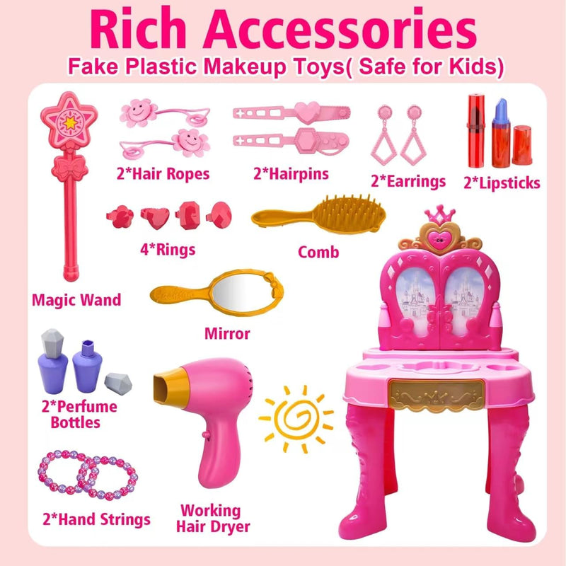 Toddler Vanity Magic Makeup Set Table & Chair Girl Toy Automatically Mirror with Music Light Pink Toys for 3 4 5 Year Old Girl Hair Salon Pretend Play Princess Dress Up Playset Valentine Gift Age 3-5