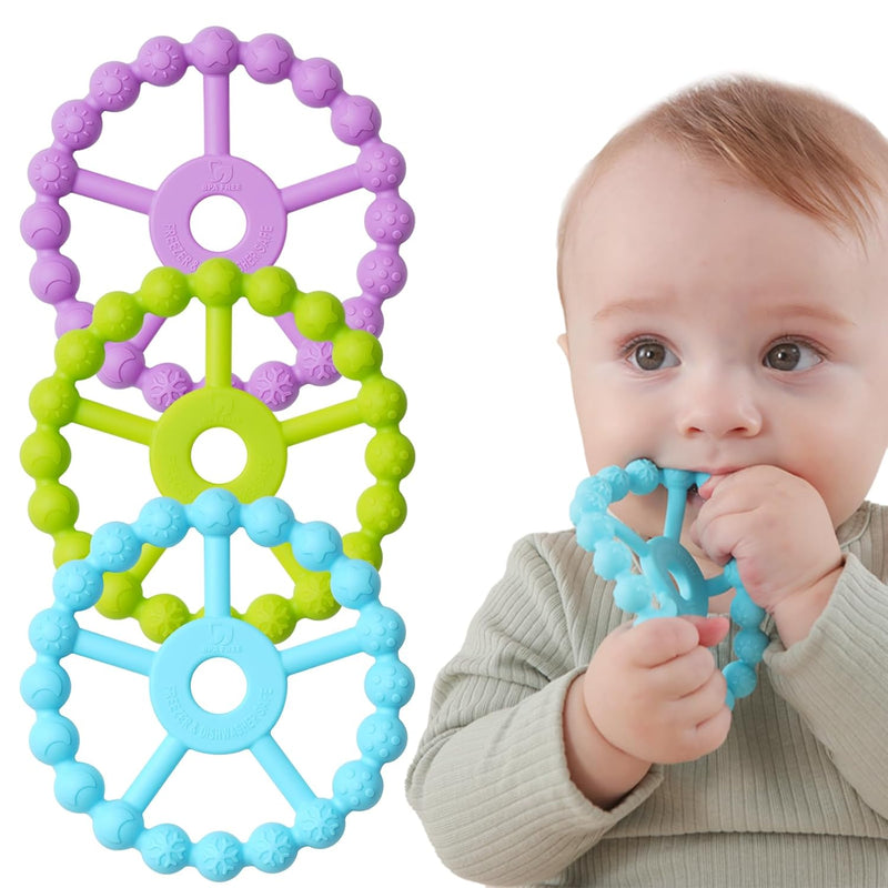 3 Pack Silicone Teething Ring Toys for Babies 0-6 Months, Seposeve Toddler Teethers for 6-12 Months, 12-24 Months, Purple Pink White