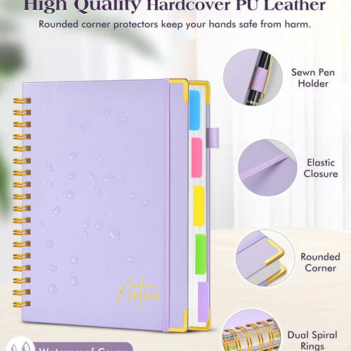 Spiral Notebook Journal with Removable Dividers Tabs, 300 Pages Hardcover Leather 5 Subject College Ruled Notebook, 8"x10" Large B5 Lined Journal for Women Men, Spiral Notebooks for Work School,Purple