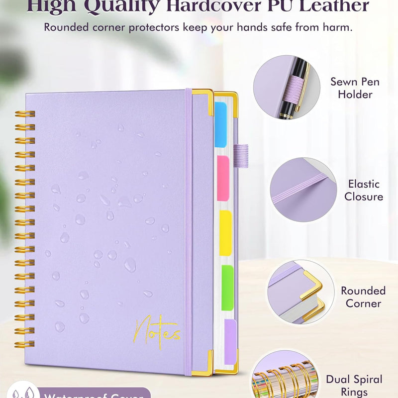 Spiral Notebook Journal with Removable Dividers Tabs, 300 Pages Hardcover Leather 5 Subject College Ruled Notebook, 8"x10" Large B5 Lined Journal for Women Men, Spiral Notebooks for Work School,Purple