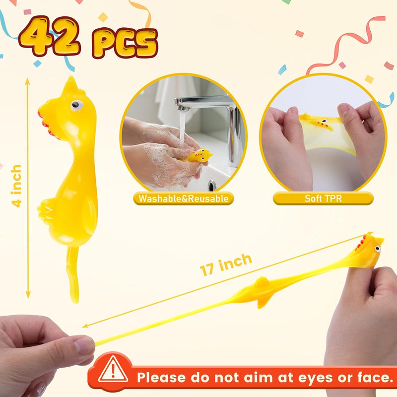 POPLAY 42PCS Stretchy Rubber Chicken Slingshot Party Favors for Kids' Birthdays, Classroom Rewards, and Group Games