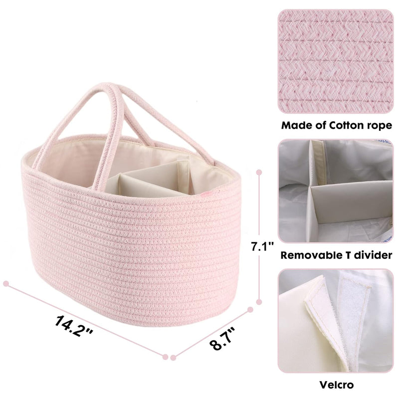 XUANGUO Pink Cotton Rope Baby Diaper Caddy Organizer Basket for Girls | Nursery Storage Bin, Portable Baby Tote Bag for Changing Table or Car, Baby Shower Gifts Bag, Newborn Essentials, Registry
