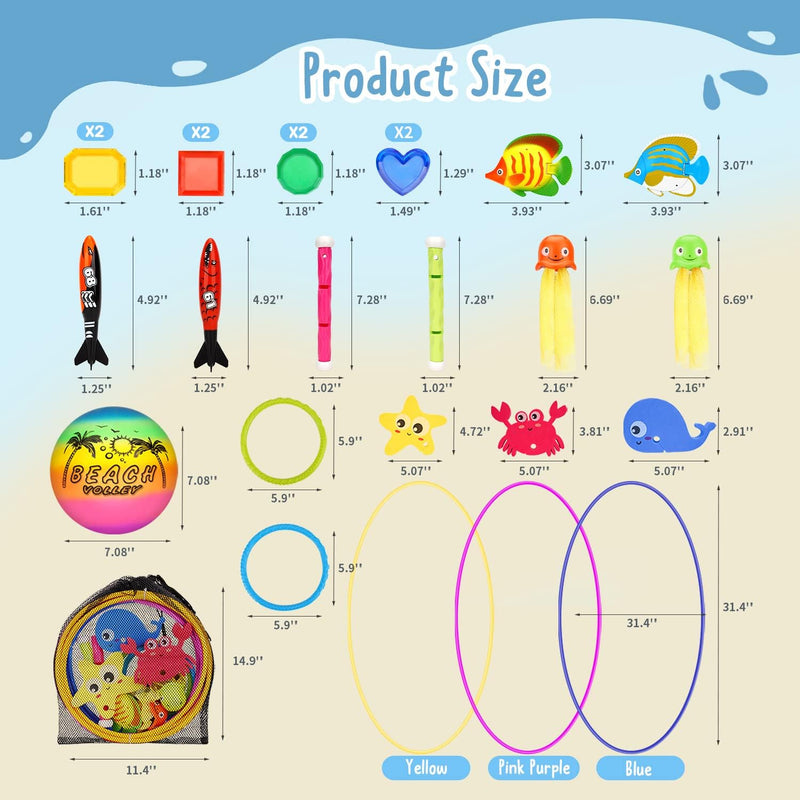 DAUXONE Diving Toys,27 Pcs Pool Toys with Diving Swim Thru Rings for Kids | Pool Games for Kids Age 3-12,31.4" Diving Rings,Dive Sticks,Diving Gem,Diving Octopus,Pool Torpedo,Pool Ball,Mesh Bag