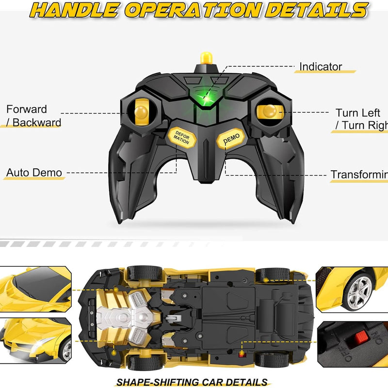 Transform Remote Control Car Toy for Kids 4-8, 2.4GHz RC Car with 360° Rotation and One-Key Transformation