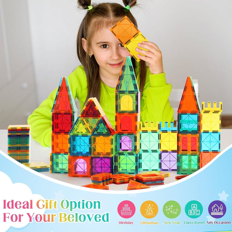 OugerToy 104PCS Magnetic Tiles STEM Building Blocks for Kids Ages 3-9, Educational Stacking Toys with Car Bases