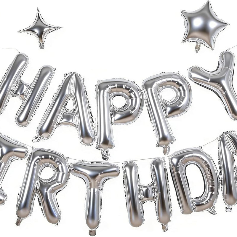 Silver Happy Birthday Aluminum Foil Balloon Decoration Kit for Kids and Adults