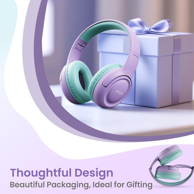 acer kids headphones purple green - over-ear volume limiter 85db foldable stereo sound headset for toddlers girls boys travel learning entertainment