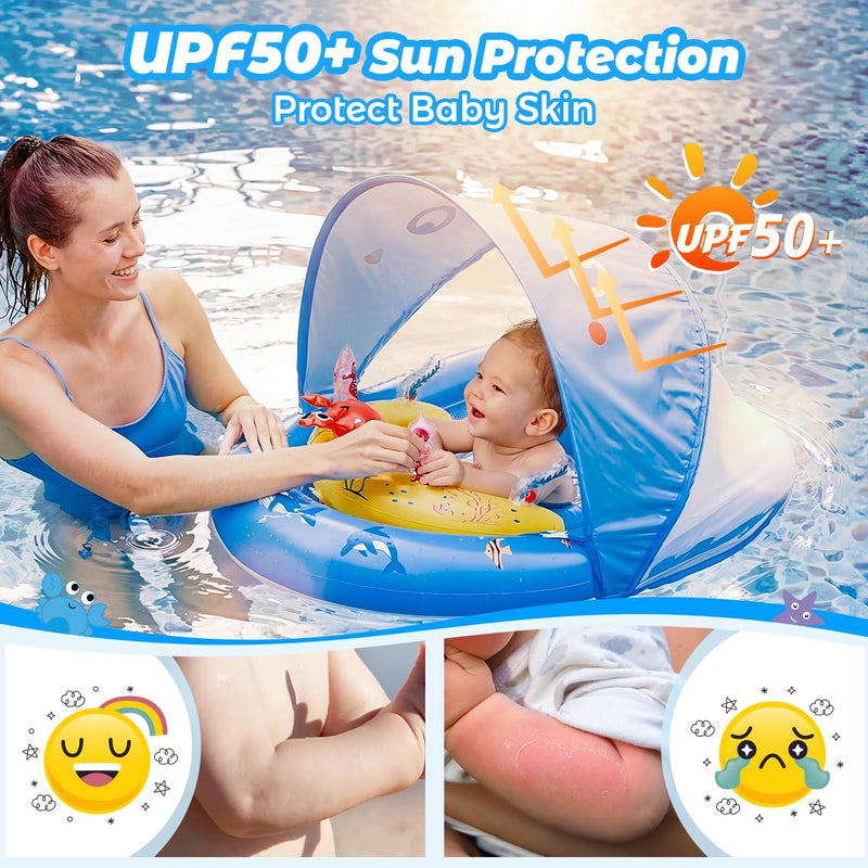 LAYCOL Baby Pool Float with Canopy UPF50+, 120°Adjustable Sun Protection and Anti-Tip Safety Seat, Inflatable Toddler Floaties Infant Pool Float with Animal Pool Toys, Baby Beach Essentials for 6-36M