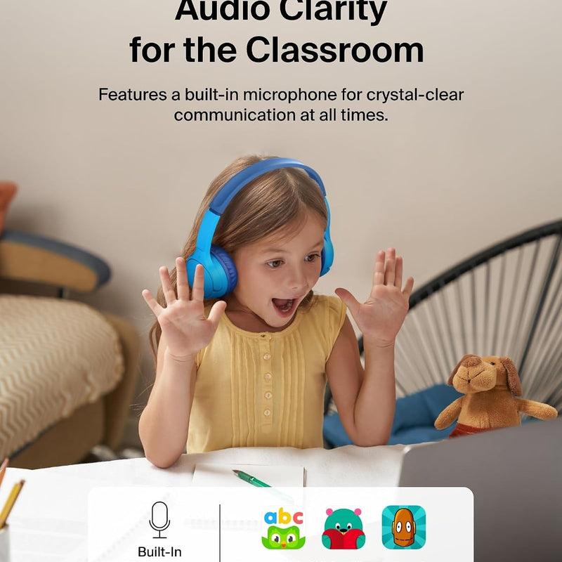 Belkin SoundForm Mini Bluetooth Kids Headphones, On Ear, 30H Battery Life | Toddler headphones, 85dB Volume Limit, Built-in Mic, Wired Connection Option, iPad, Android Tablet, School, Travel