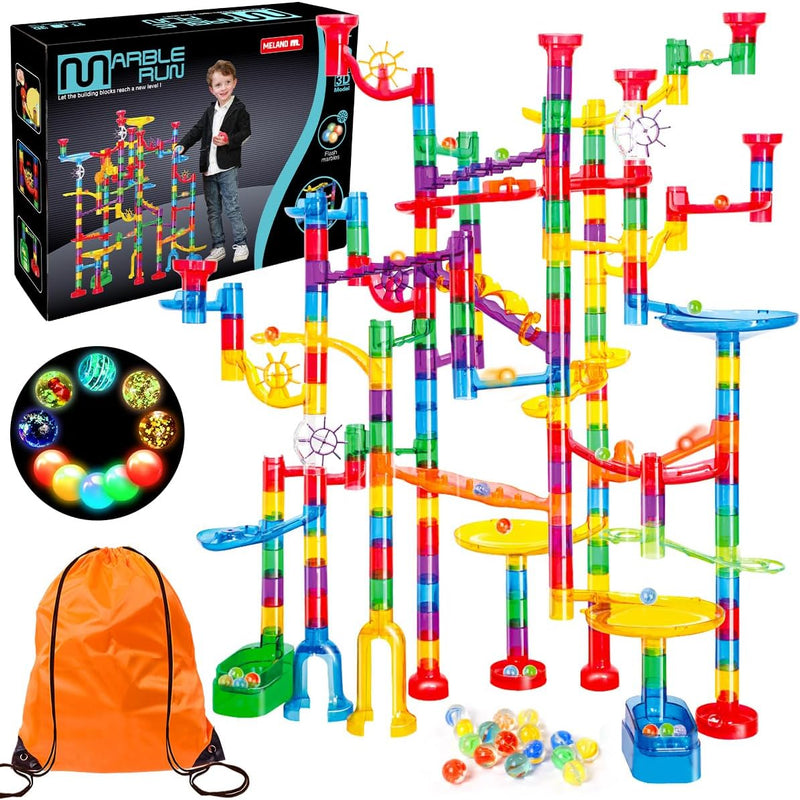 Meland Marble Run - 132Pcs Building Toy for Kids with Glow-in-the-Dark Marbles and STEM Learning, Ages 3-9+