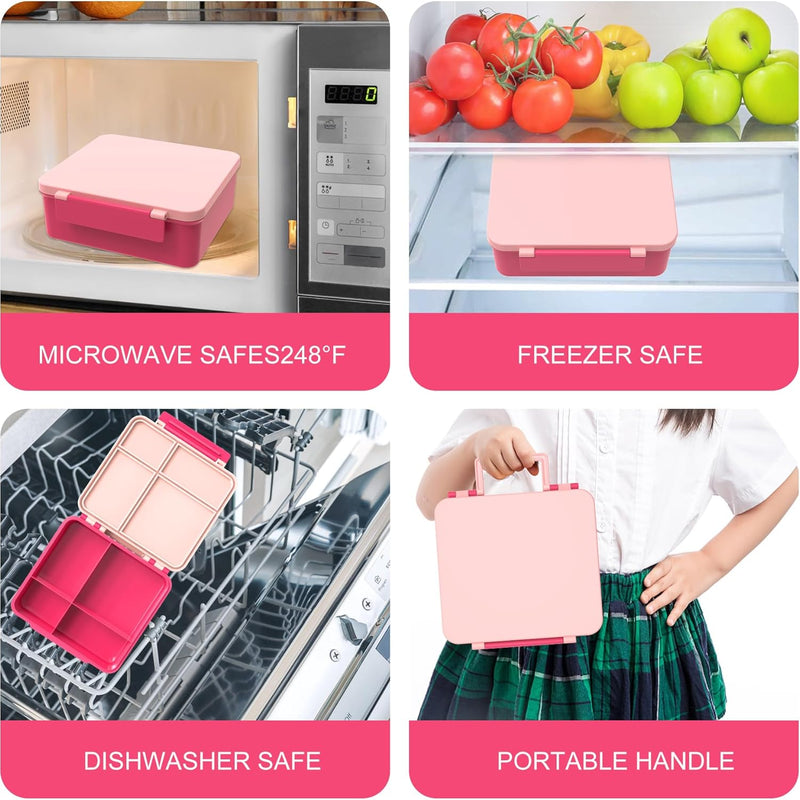 Pawtong Bento Lunch Box with 8oz Soup Thermo, Kids Leakproof Lunch Food Containers with 4 Compartment, Kids Thermo Insulated Hot Food Jar for School, Trvael - (Pink)