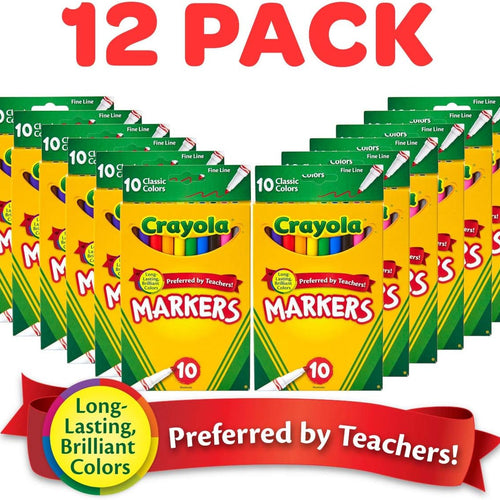 Crayola Fine Line Markers for Kids (12 Boxes), Bulk Coloring Markers for School, 10 Assorted Colors, Essential Teacher Classroom Supplies, Ages 3, 4, 5
