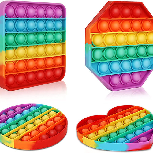 Multipurpose 4 Pack Rainbow Pop it Fidget Toy, Bubble Sensory Toy for Kids and Adults, Stress Reliever, 4 Shapes Poppers-Heart, Circle, Octagon, Square Pressure Relieving