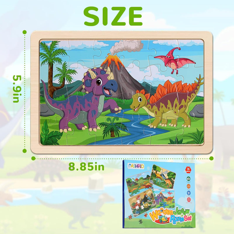 Wooden Dinosaur Puzzles for Kids 3-5, 20-Piece Wood Jigsaw Puzzles, Preschool Educational Brain Teasers