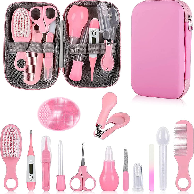 Baby Grooming Kit, Infant Safety Care Set with Hair Brush Comb Nail Clipper Nasal Aspirator,Baby Essentials Kit for Newborn Girls Boys (Grey White)