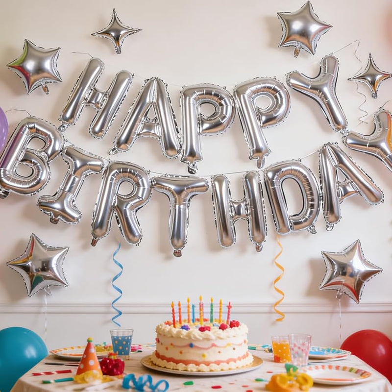 Silver Happy Birthday Aluminum Foil Balloon Decoration Kit for Kids and Adults