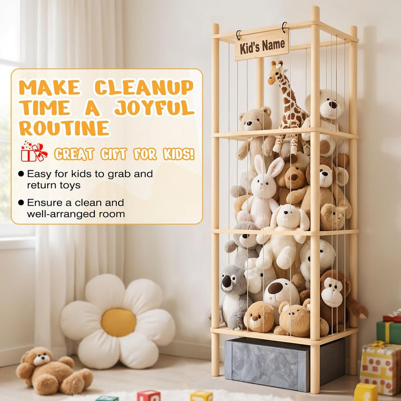 Stuffed Animal Storage with Toys Tray, 57In Large Wooden Stuffy Plushies Storage Holder Extra Large Capacity Stuffed Animals Zoo Organizer for Toddler Rooms, Playrooms & Bedrooms