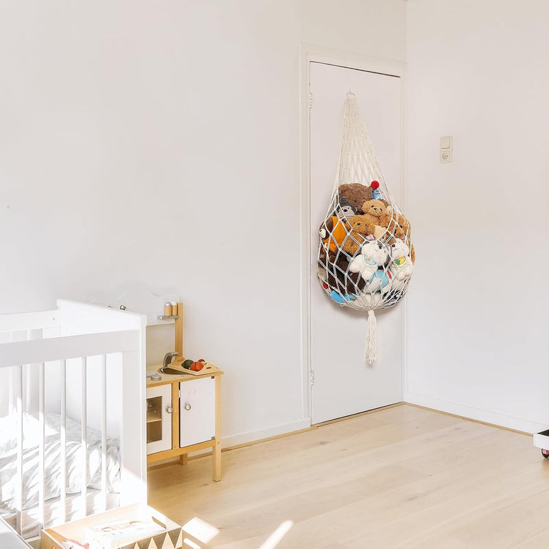 Amdermi Stuffed Animal Hammock Corner, Boho Macrame Plush Toy Storage Net for Wall, Hanging Stuffed Animal Holder for Nursery, Playroom, Kids Room, Cream