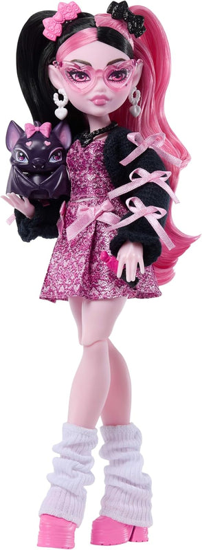 Monster High Doll, Draculaura in Pink Bow Dress and Black Cardigan with Pet Bat Count Fabulous and 7 Accessories Like Ramen, Lipstick and Purse