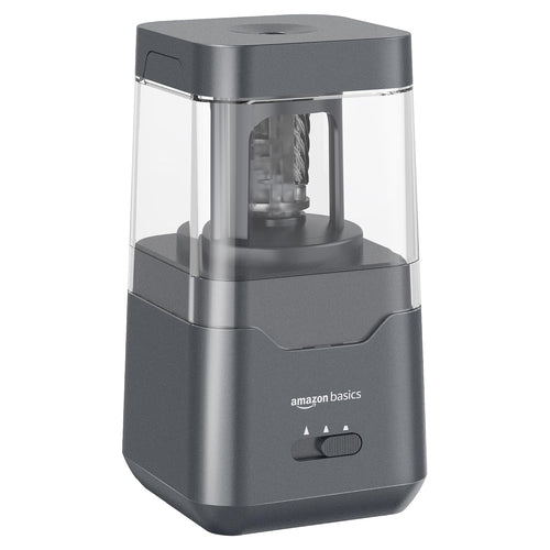 Amazon Basics Portable Electric Pencil Sharpener, Easy to Use, Versatile, Helical Blade, Auto Stop, Battery/USB Cord Operated, Black, 2.87 x 2.87 x 5.3 in