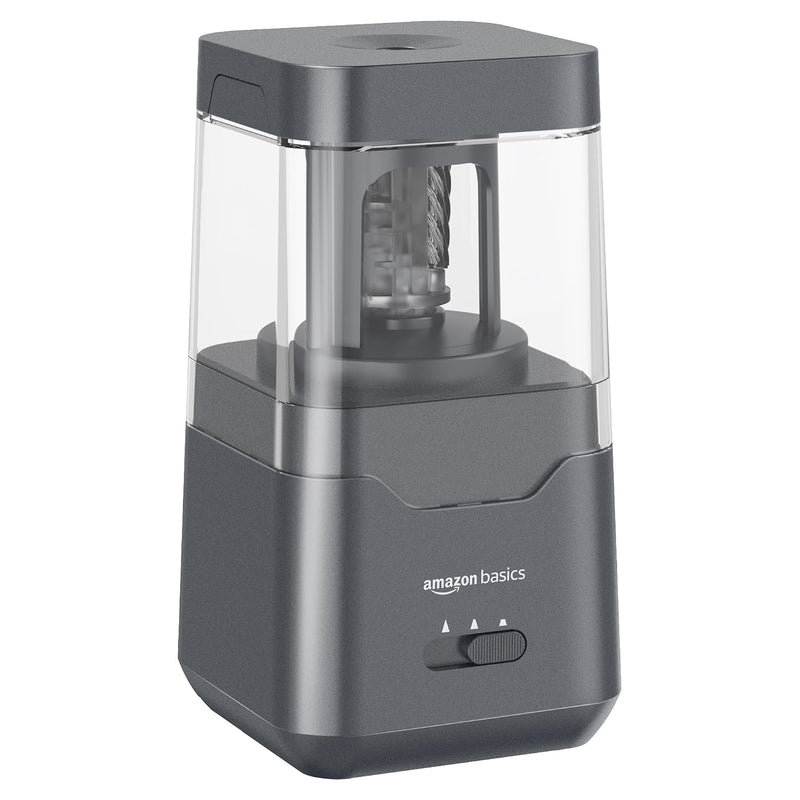 Amazon Basics Portable Electric Pencil Sharpener, Easy to Use, Versatile, Helical Blade, Auto Stop, Battery/USB Cord Operated, Black, 2.87 x 2.87 x 5.3 in