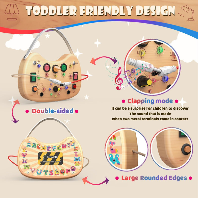 Montessori Busy Board with LED Lights & 12 Buttons, Portable Travel Toy for Toddlers 1-3 Years