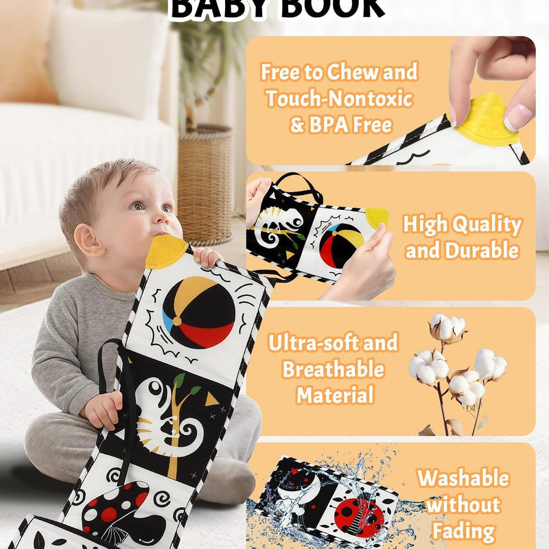 Tummy Time Toys, High Contrast Baby Book with Mirror & Teether for Newborn | Black and White Baby Toys for infant 0-6-12 Months, Visual Stimulation Soft Sensory Books, Baby Boy Girl Shower Gift